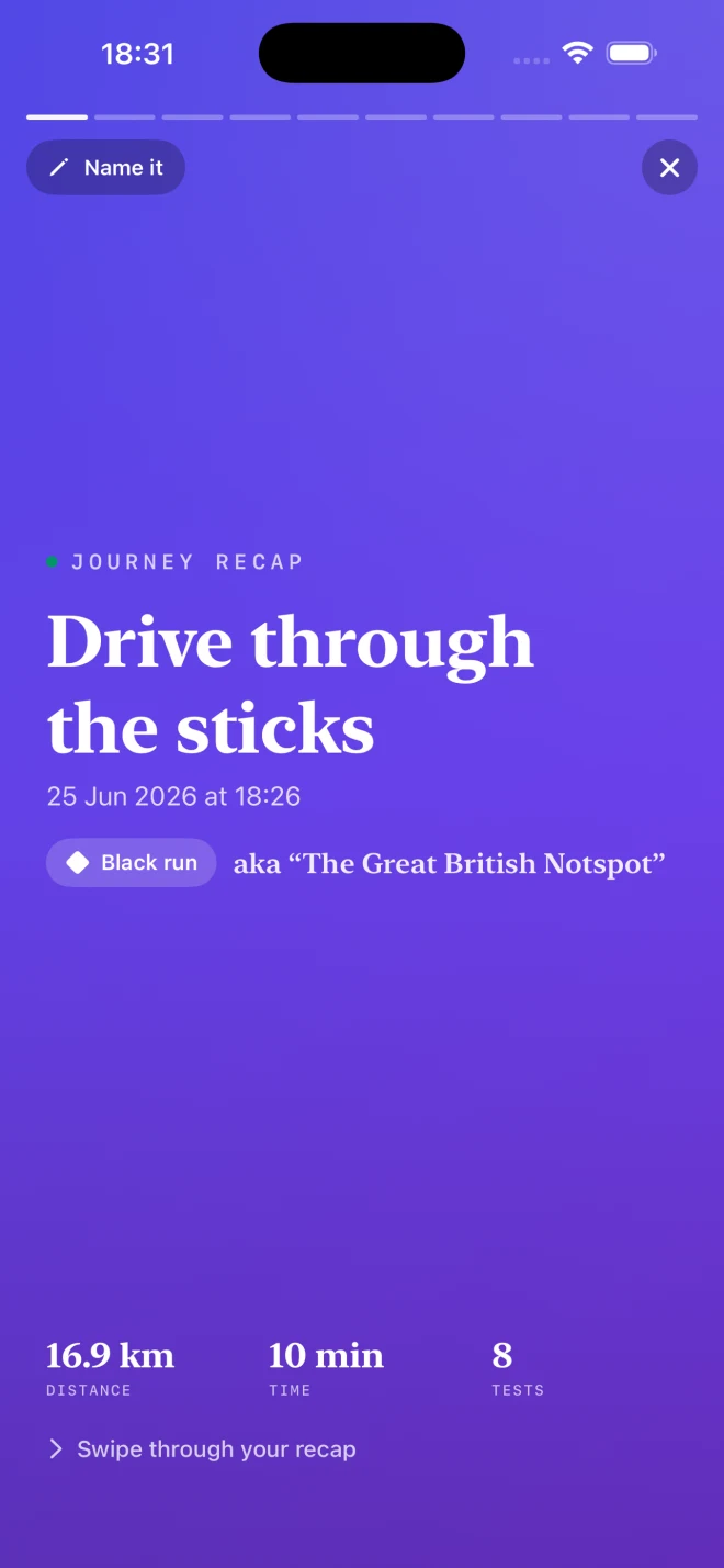 A completed journey recap showing distance, duration and signal tests