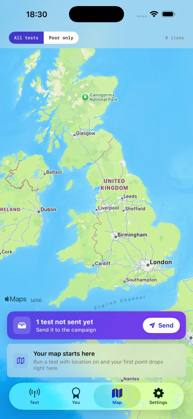 The Britain view in the Buffering Britain app, showing submitted signal evidence by region