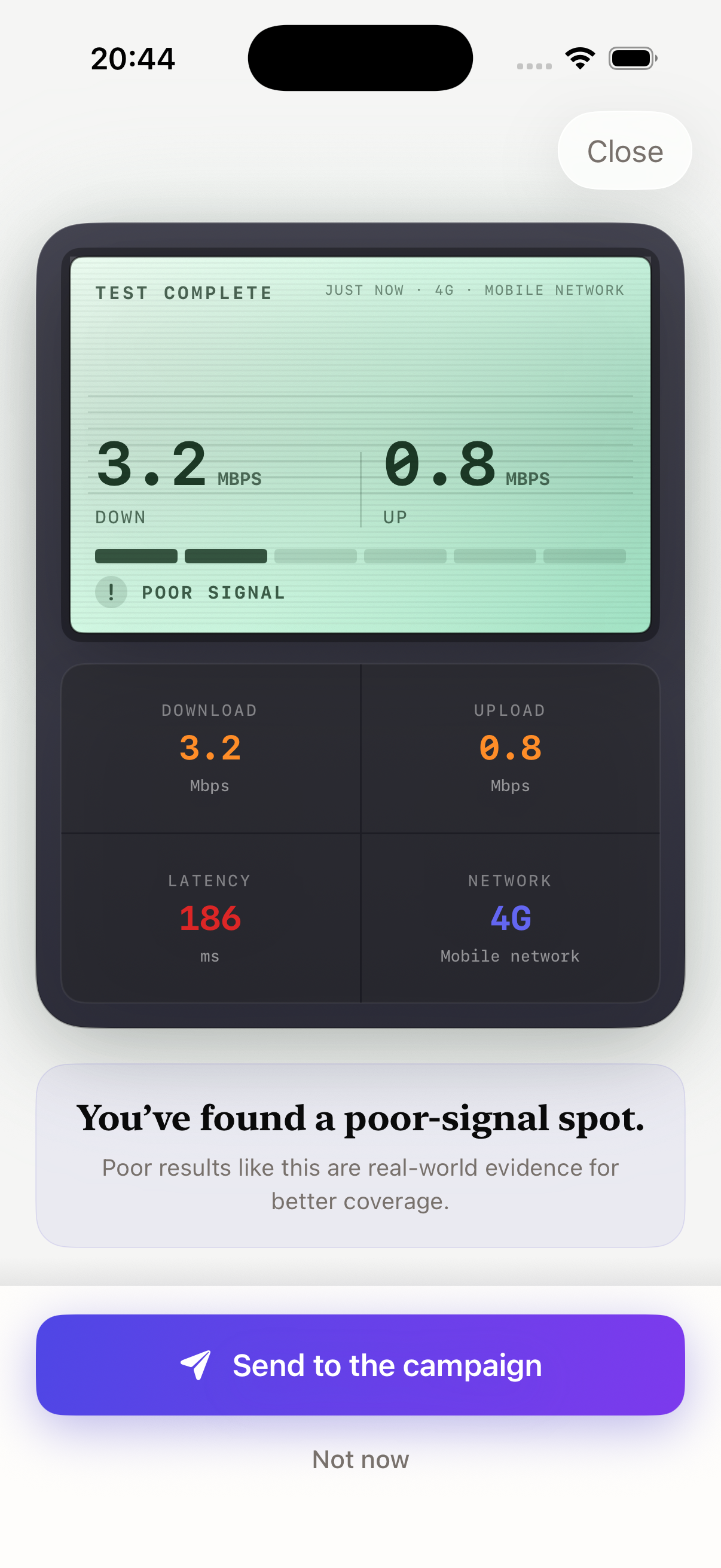 A completed Buffering Britain test showing a poor signal result of 3.2 Mbps download, 0.8 Mbps upload and 186 milliseconds latency