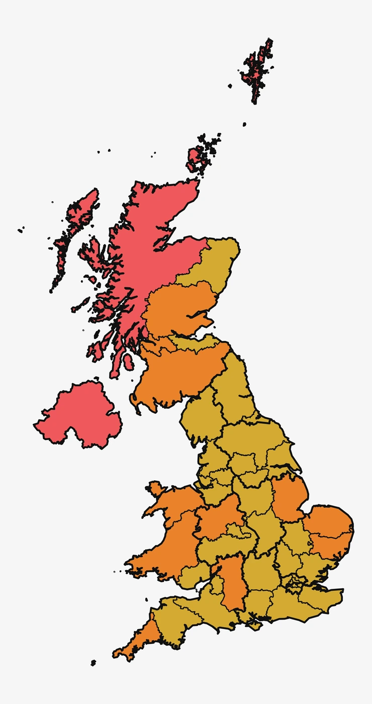 Map of the United Kingdom coloured by the mobile signal reports received by Buffering Britain